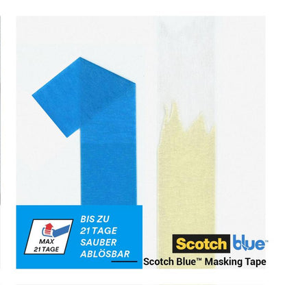 Sininen ScotchBlue™ maalarinteippiraita teräville linjoille 3M Deutschland GmbH:ltä on muotoiltu numeroksi "1" beigen teipin vieressä, jossa on epätasainen reuna. Kuvassa näkyy logoja ja saksankielinen teksti 21 päivän puhtaasta poistosta.