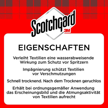 Scotchgard™ -tekstiilien kyllästysprayn (400 ml, 3M Deutschland GmbH) tuoteetiketissä on Scotchgard 3M -logo ja saksankielinen kuvaus vedenkestävästä suojasta, tahrojen torjunnasta ja hengittävyydestä.