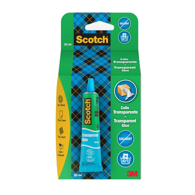 30 ml:n tuubi Scotch® läpinäkyvää liuotinvapaata liimaa kotitalouskäyttöön, 3M Deutschland GmbH:n valmistama, sinisessä ja vihreässä pakkauksessa, sopii puulle, paperille, kankaalle ja kartongille. Läpinäkyvä ja liuotinvapaa.