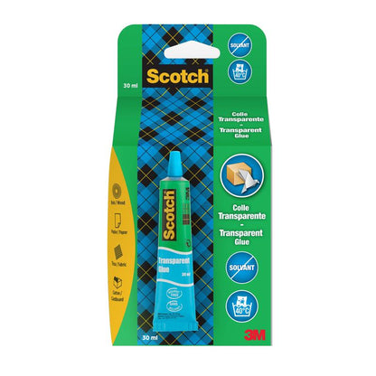 30 ml:n tuubi Scotch® läpinäkyvää liuotinvapaata liimaa kotitalouskäyttöön, 3M Deutschland GmbH:n valmistama, sinisessä ja vihreässä pakkauksessa, sopii puulle, paperille, kankaalle ja kartongille. Läpinäkyvä ja liuotinvapaa.