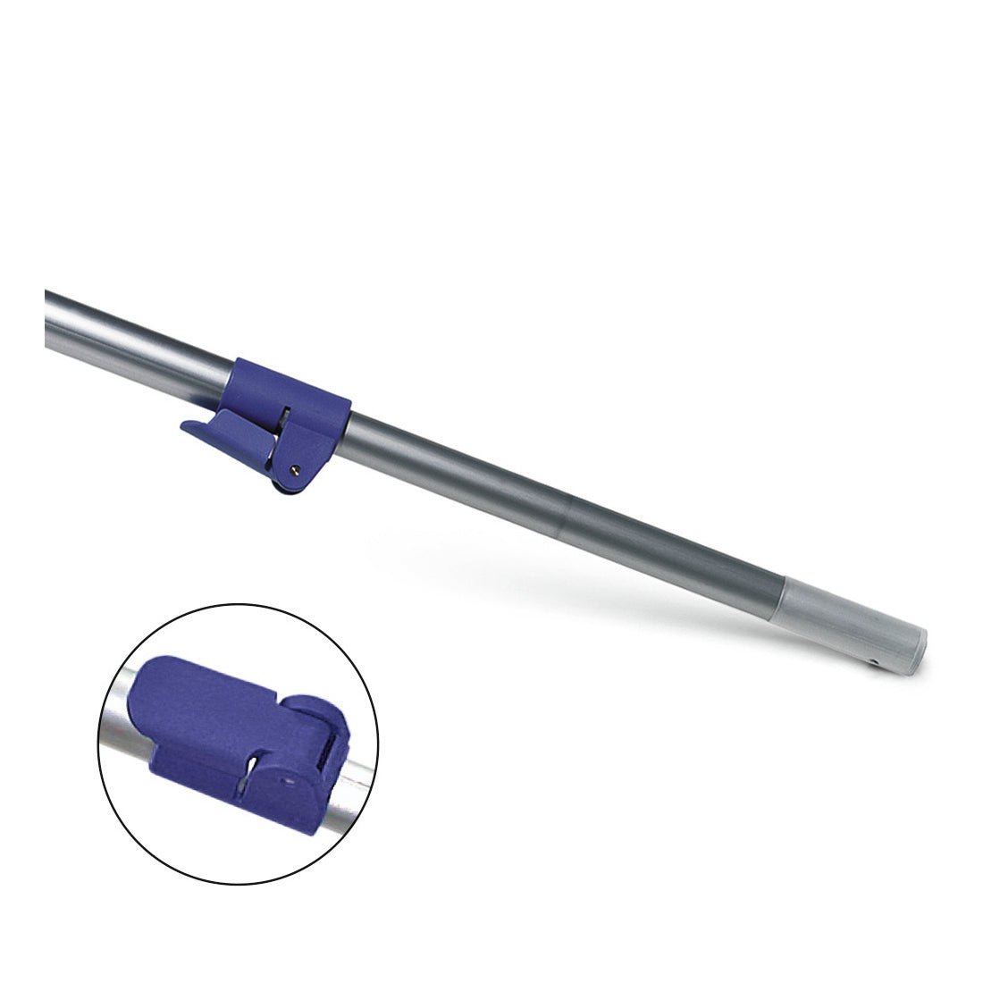 Nölle Profi Brush -teleskooppimopin varsi alumiinia (max. 150 cm, Ø 25/22 mm) Nölle Profi Brush Bürsten- & Pinseltechnik e.K.:lta on varustettu sinisellä muovilukituksella, joka on vedetty ulos ja näytetty lähikuvassa korostamaan Profi Brush -yksityiskohtaa.