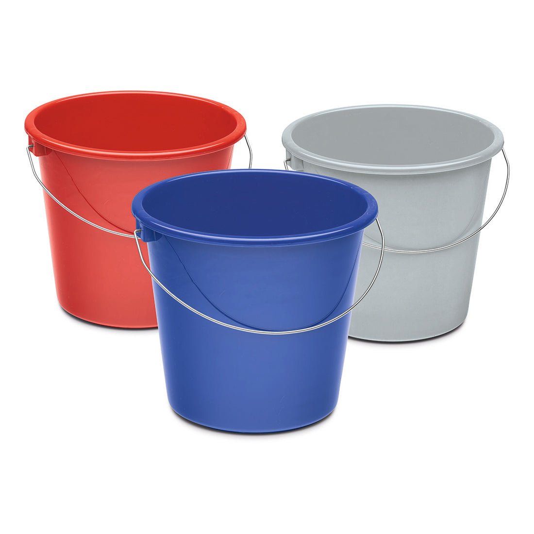 Kolme Nölle Profi Brush kotitaloussankoa 10 litraa muovia Nölle Profi Brush harja- & pensselitekniikka e.K. - yksi punainen, yksi sininen ja yksi harmaa - on kuvattu metallikahvoilla tiiviisti vierekkäin valkoisella pohjalla.