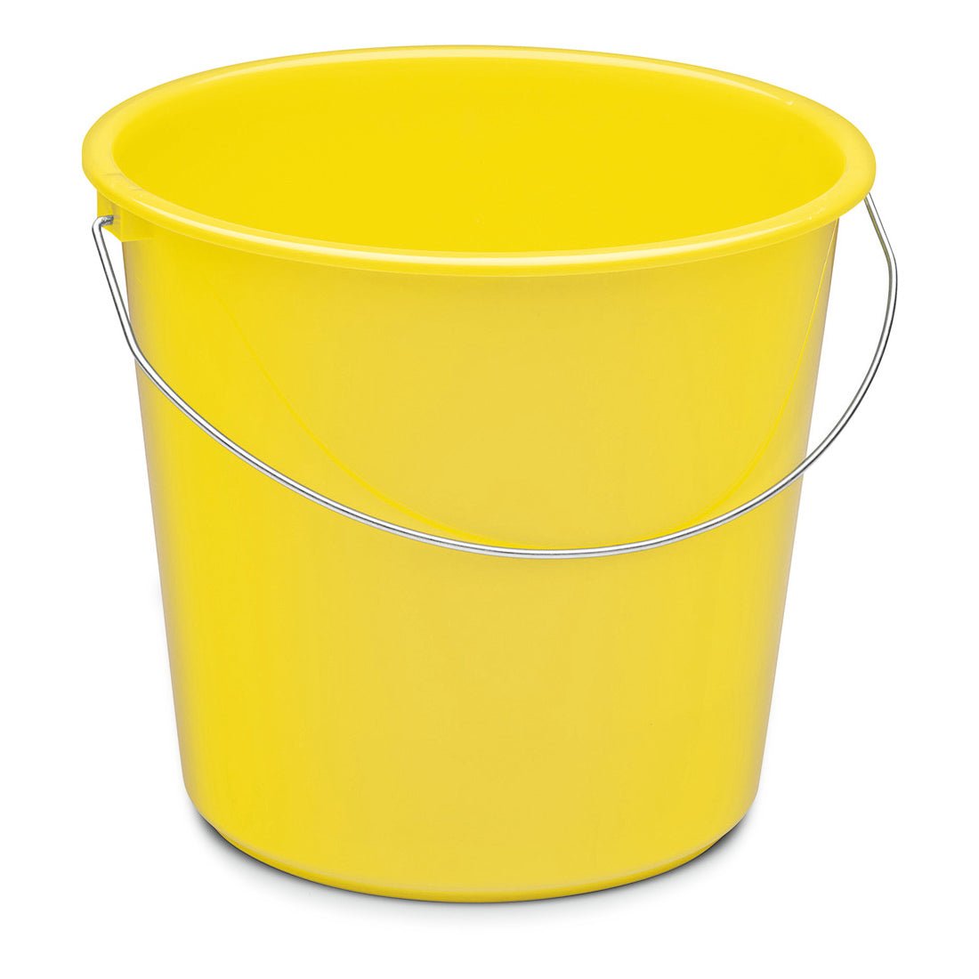 Nölle Profi Brush kotitaloussanko 10 litraa muovia Nölle Profi Brush harja- & pensselitekniikka e.K. on kuvattu pystyasennossa ja tyhjänä. Siinä on kirkkaan keltainen runko ja hopeinen metallikahva yksinkertaisella valkoisella taustalla.
