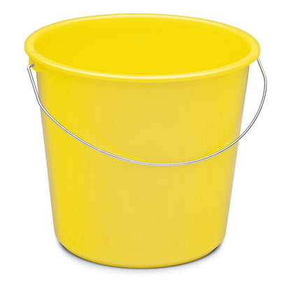 Nölle Profi Brush kotitaloussanko 10 litraa muovia Nölle Profi Brush harja- & pensselitekniikka e.K. on kuvattu pystyasennossa ja tyhjänä. Siinä on kirkkaan keltainen runko ja hopeinen metallikahva yksinkertaisella valkoisella taustalla.