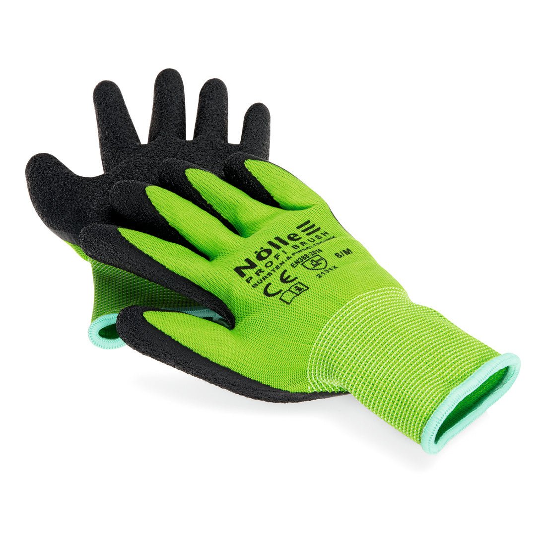 Pari vihreitä Nölle Profi Brush Soft-Grip -käsineitä Prestige-käsineitä Nölle Profi Brush Bürsten- & Pinseltechnik e.K.:lta, mustilla, rakenteellisilla kämmenillä, yksityiskohdat painettuna toiseen käsineeseen, pinottu valkoiselle pohjalle.