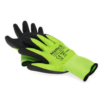 Pari Nölle Profi Brush Soft-Grip -käsineitä Prestige-työkäsineitä Nölle Profi Brush Bürsten- & Pinseltechnik e.K.:lta, vihreänä ja mustana, rakenteellisilla kämmenillä, tarkastusmerkinnällä ja logolla, ihanteelliset ammattimaiseen siivoustyöhön.