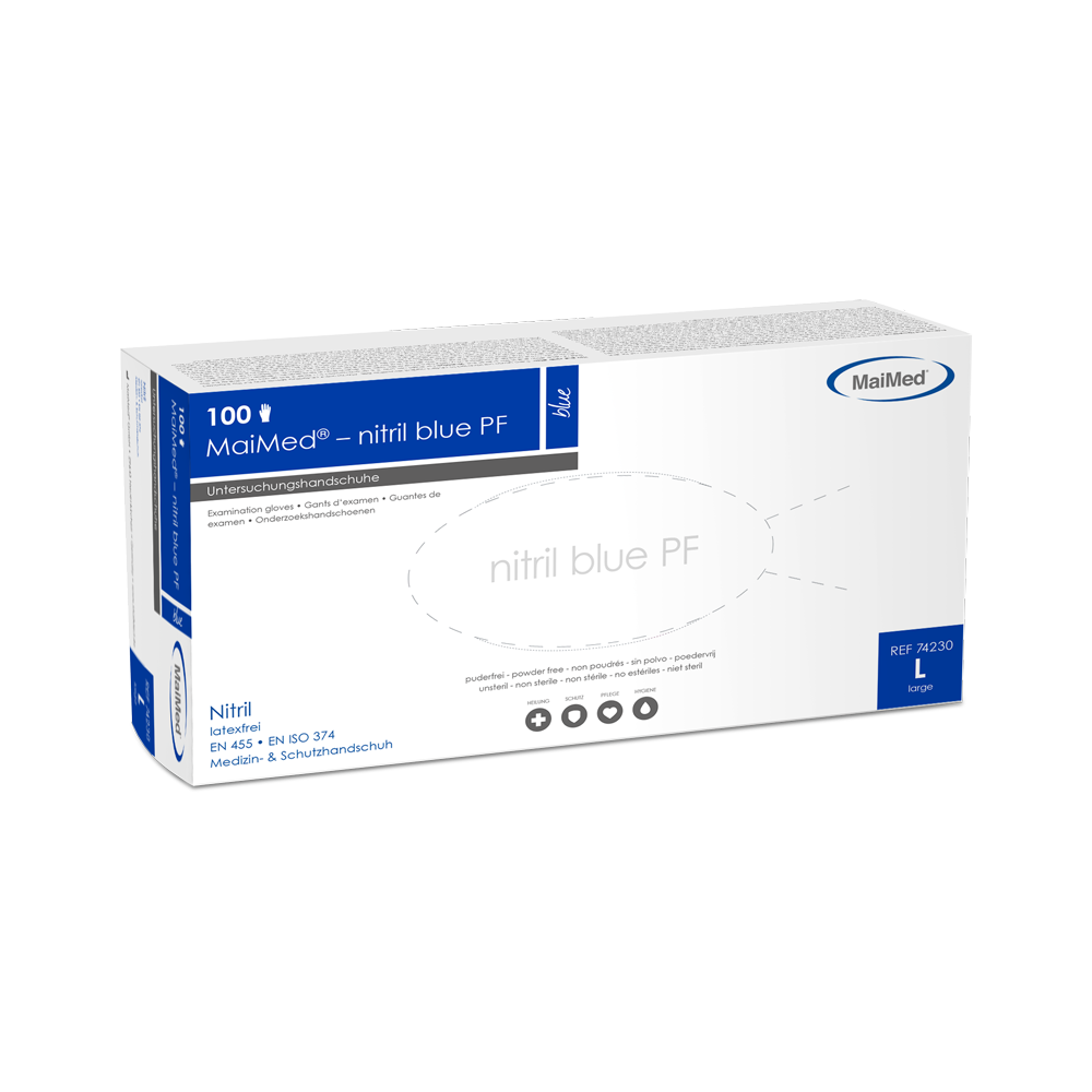 MaiMed-nitriilinsininen PF Blue, ei-steriili, jauhe. Lateksittomat käsineet 100 kpl/laatikko