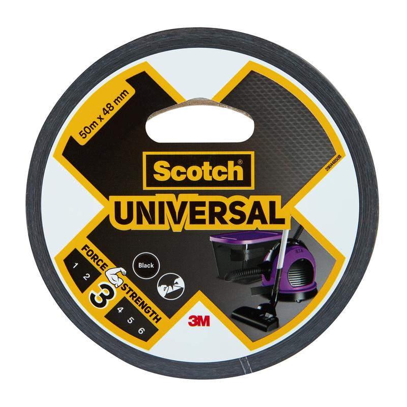 Yksi rulla Scotch® Universal Teippiä 2904 3M Deutschland GmbH:lta, 50 m x 48 mm, musta. Pakkauksessa on lujuus 3/6 ja kuvia pölynimurista ja muista laitteista.