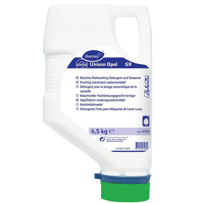 4500 g patruuna Suma Unison Opal G9 Diversey Deutschland GmbH & Co. OHG:ltä, alumiinivarma, ei syövyttävä astianpesuaine, ihanteellinen turvalliseen astianpesuun ilman korroosiota - sopii erilaisille koneille ja pinnoille.