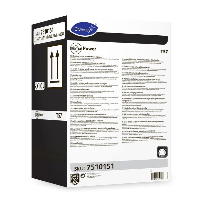 Valkoinen laatikko Suma Power T57 Alkaliboosteria koneellisiin astianpesujärjestelmiin Diversey Deutschland GmbH & Co. OHG:lta, monikielisellä ohjeella, mustalla sivuosalla ja SKU 7510151 kahdessa etiketissä.