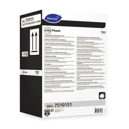 Valkoinen laatikko Suma Power T57 Alkaliboosteria koneellisiin astianpesujärjestelmiin Diversey Deutschland GmbH & Co. OHG:lta, monikielisellä ohjeella, mustalla sivuosalla ja SKU 7510151 kahdessa etiketissä.