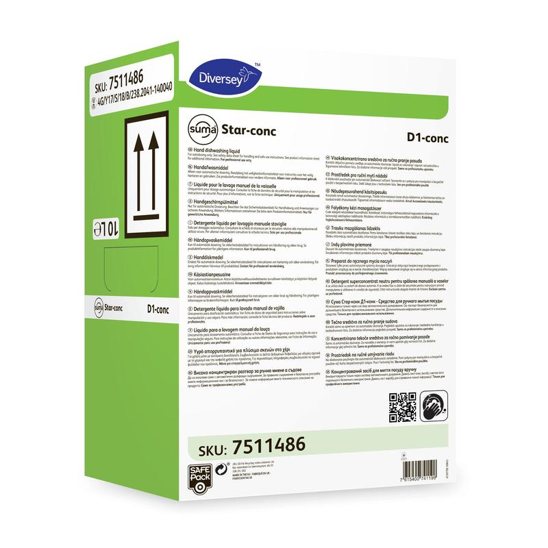 Vihreä-valkoinen suorakulmainen purkki, jossa on teksti "Suma Star-conc D1 conc, erittäin tiivistetty käsitiskiaine" (10 l) Diversey Deutschland GmbH & Co. OHG:ltä mustalla tekstillä, symboleilla ja viivakoodeilla tehokasta puhdistusta varten.