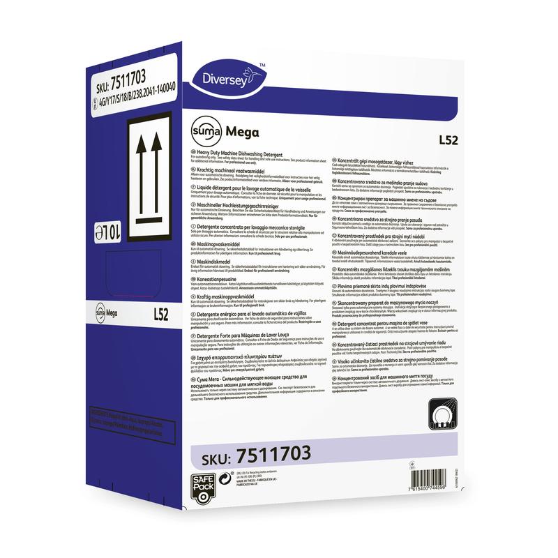 Diversey Deutschland Suma Mega L52 astianpesuaine pehmeään veteen toimitetaan suorakulmaisessa laatikossa, jossa on tuotetiedot, käyttöohjeet ja turvasymbolit etu- ja sivuseinillä.