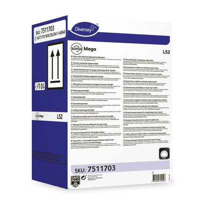 Diversey Deutschland Suma Mega L52 astianpesuaine pehmeään veteen toimitetaan suorakulmaisessa laatikossa, jossa on tuotetiedot, käyttöohjeet ja turvasymbolit etu- ja sivuseinillä.
