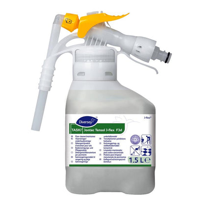 1,5 litran valkoinen muovikontti TASKI Jontec Tensol -tiivistettä Diversey Deutschland GmbH & Co. OHG:lta, keltaisella suuttimella ja etiketillä, jossa on tuotetiedot ja käyttöohjeet.