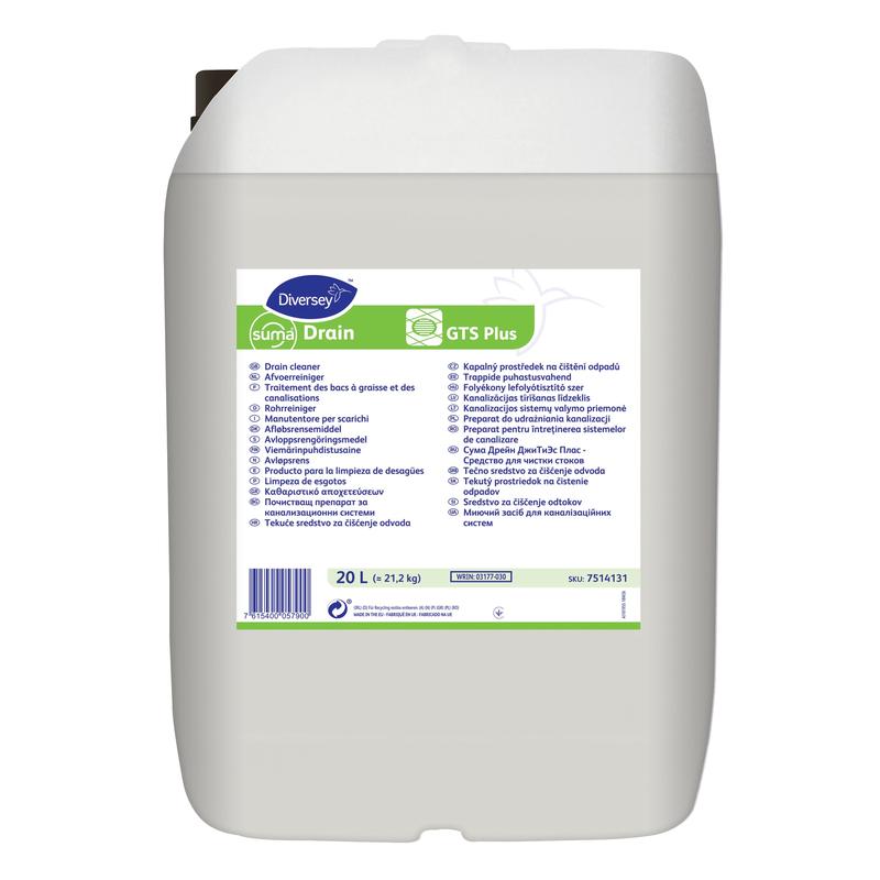 Suma Drain GTS plus -putkenpuhdistusaine Diversey Deutschland GmbH & Co. OHG:lta on suuri valkoinen 20 litran muovikanisteri, jossa on kahva, ihanteellinen keittiön ja kylpyhuoneen viemäreille, monikielisellä ohjeella ja Diversey-logolla.