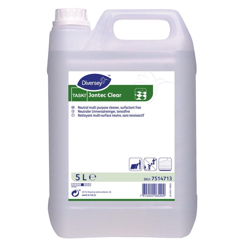 5 litran muovisäiliö, jossa on Diversey Deutschland GmbH & Co. OHG:n TASKI Jontec Clear -puhdistusaine koville pinnoille, pH-neutraali. Läpinäkyvässä säiliössä on valkoinen korkki, valkoinen kantokahva ja sinivihreä-valkoinen etiketti.