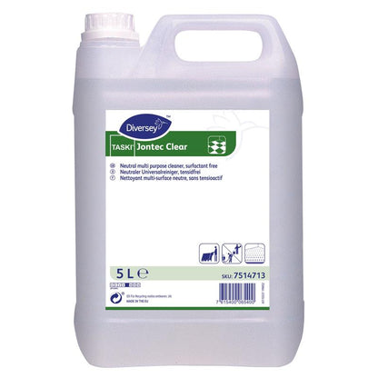 5 litran muovisäiliö, jossa on Diversey Deutschland GmbH & Co. OHG:n TASKI Jontec Clear -puhdistusaine koville pinnoille, pH-neutraali. Läpinäkyvässä säiliössä on valkoinen korkki, valkoinen kantokahva ja sinivihreä-valkoinen etiketti.