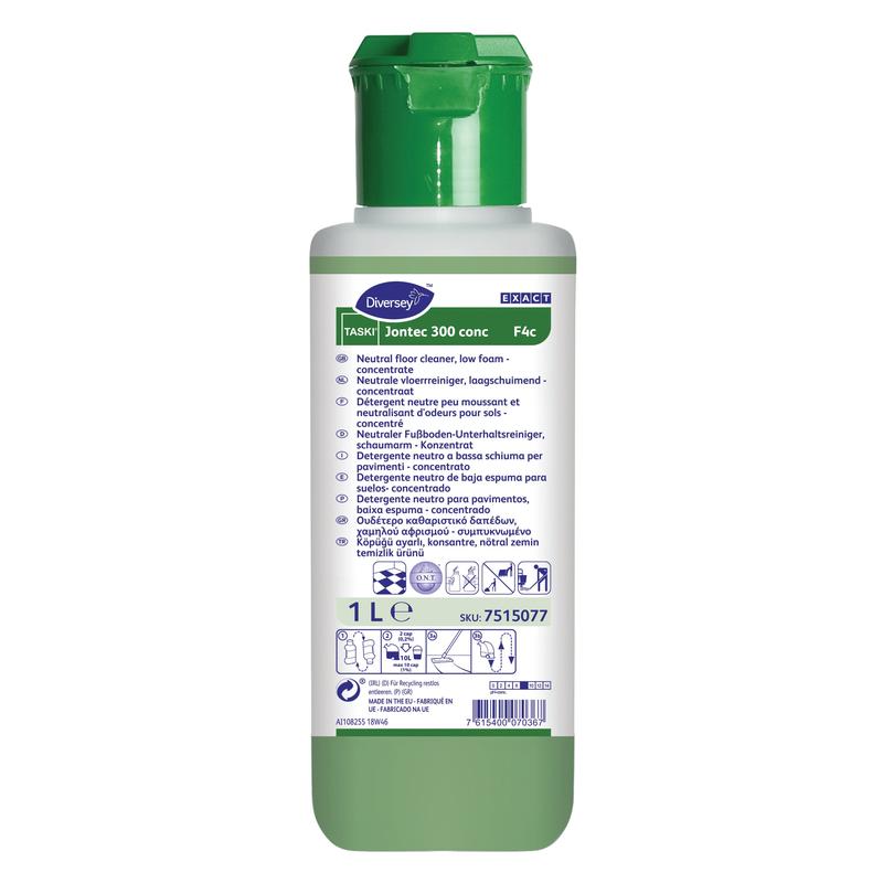 1 litran pullo TASKI Jontec 300 conc lattianpuhdistuskonsentraattia Diversey Deutschland GmbH & Co. OHG:lta sisältää vihreän korkin, valkoisen etiketin monikielisillä ohjeilla ja takaa lattioiden kirkkaan kiillon.