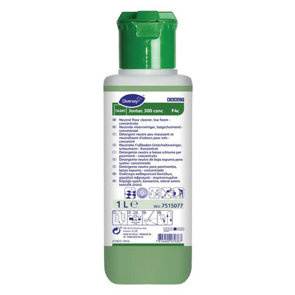 1 litran pullo TASKI Jontec 300 conc lattianpuhdistuskonsentraattia Diversey Deutschland GmbH & Co. OHG:lta sisältää vihreän korkin, valkoisen etiketin monikielisillä ohjeilla ja takaa lattioiden kirkkaan kiillon.