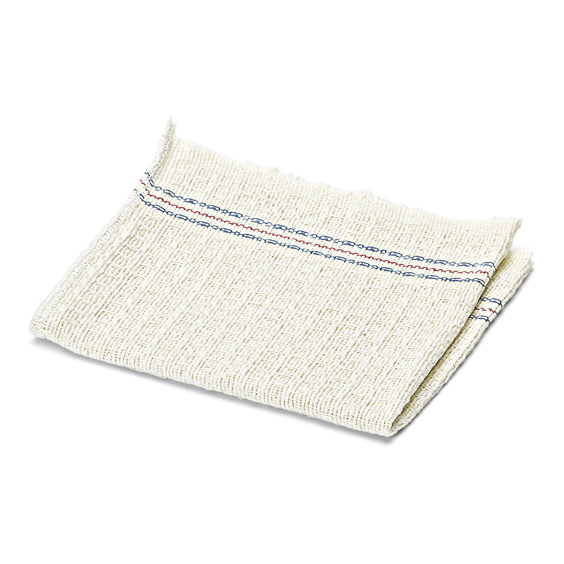 Das Nölle Profi Brush Waffeltuch aus Baumwolle (35 x 35 cm, saugfähig, 1 Stück) von Nölle Profi Brush Bürsten- & Pinseltechnik e.K. zeichnet sich durch ein gefaltetes, cremefarbenes Baumwollmuster mit blau-rot gestreiftem Rand auf weißem Grund aus.