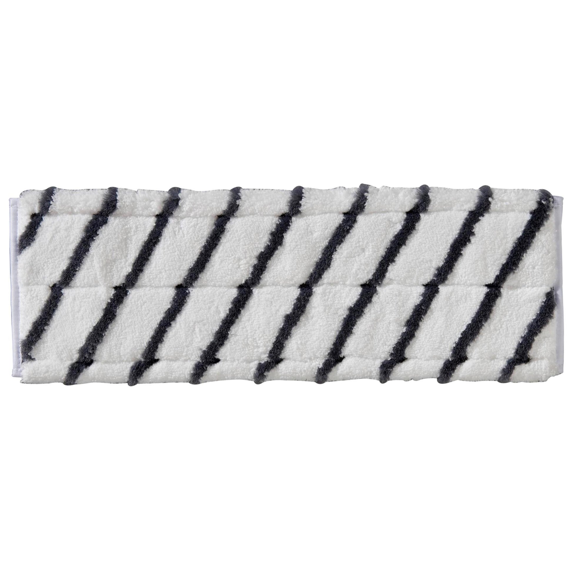 Der TASKI MicroEasy Scouring Mop von Diversey Deutschland GmbH & Co. OHG ist ein rechteckiges weißes Pad mit diagonalen schwarzen Streifen, ideal zur Fliesenreinigung und Entfernung stark haftender Verschmutzungen. Karton mit 5 Packungen.