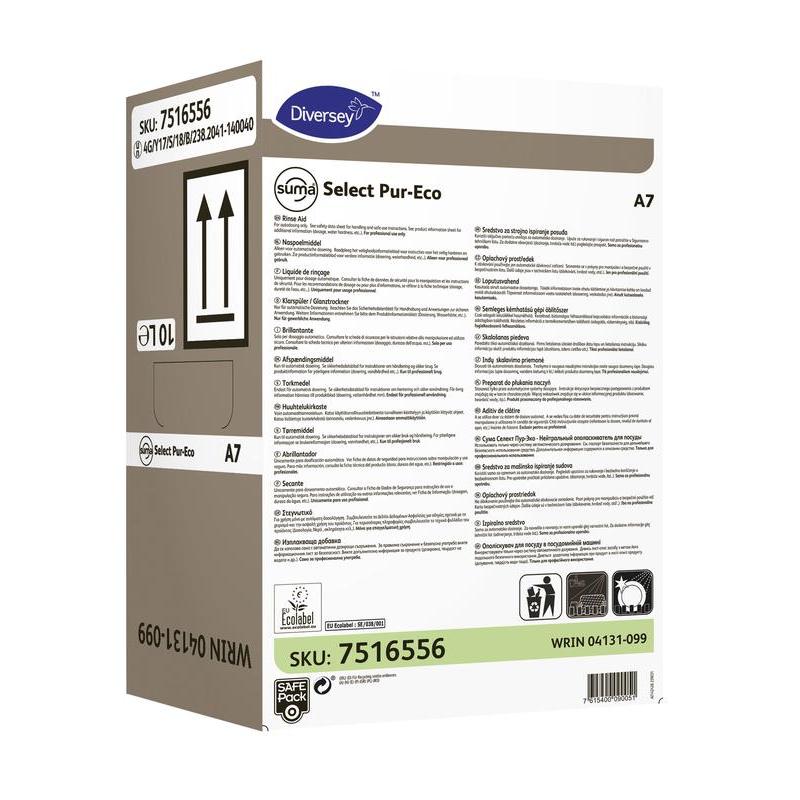 Yksi Diversey Deutschland GmbH & Co. OHG:n Suma Select Pur-Eco A7 -huuhteluaineen laatikko sisältää tuotetietoja, ohjeita, viivakoodin, kierrätyssymbolin ja 10 litran tilavuusmerkinnän pakkauksessa tehokasta puhdistusta varten.