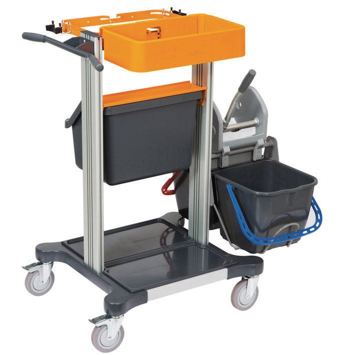 TASKI Mini Trolley Wet Diversey Deutschlandilta on kompaktin kokoinen siivousvaunu perinteiseen märkäpyyhintään (litteä/Kentucky), jossa on kolme värillistä säiliötä ja neljä kääntyvää pyörää - ihanteellinen puhdistusjärjestelmääsi. | Pakkaus: 1 kappale.
