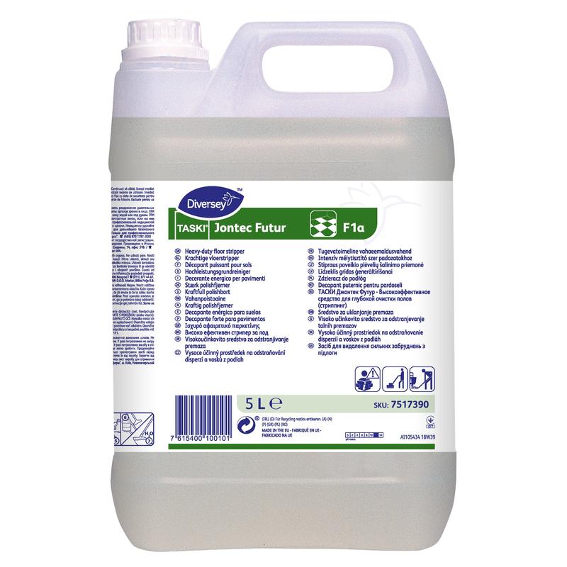 5 litran kanisteri TASKI Jontec Futur yleispuhdistusainetta kaikille alkalinkestäville pinnoille Diversey Deutschland GmbH & Co. OHG:lta, kahvalla ja etiketillä, jossa on käyttöohjeet ja turvasymbolit.