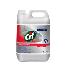 Ein weißer 5-Liter-Kunststoffbehälter des Cif Professional Badreiniger 2in1 der Diversey Deutschland GmbH & Co. OHG von Cif Professional Badreiniger 2in1 mit Griff und Schraubverschluss. Das Etikett zeigt das Cif-Logo, Produktdetails, ein sauberes Badbild und die Eigenschaften des Kalk- & Badreiniger Duftneutralisators.