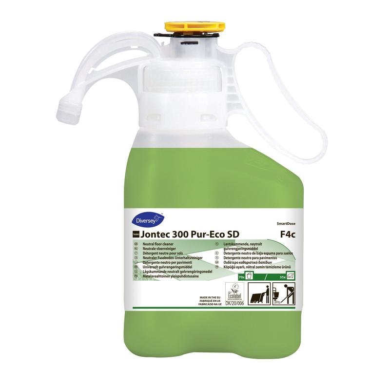 Läpinäkyvä muovisäiliö, jossa on TASKI Jontec 300 Pur-Eco lattianpuhdistuskonsentraattia Diversey Deutschland GmbH & Co. OHG:lta, täytetty vihreällä nesteellä, ja etiketissä on tietoa lattianpuhdistuksen käytöstä ja turvallisuussymboleja.