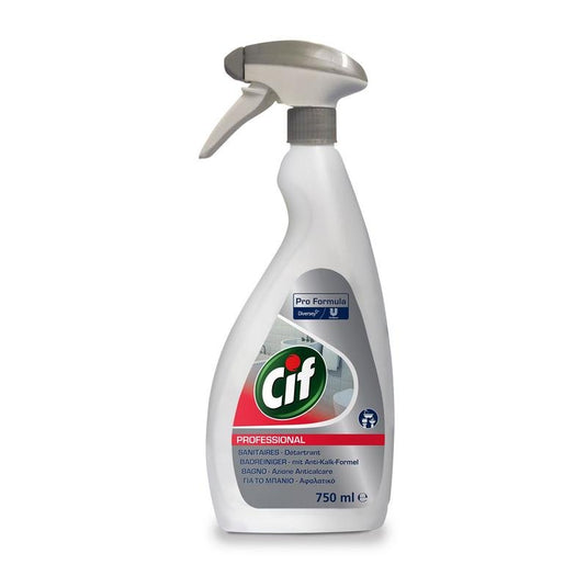 Diversey Deutschland GmbH & Co. OHG:n valmistama 750 ml:n valkoinen Cif Professional -kylpyhuonepuhdistusaineen sumutuspullo, jossa on harmaa suutin ja etiketti; 2-in-1-puhdistus- ja kalkinpoistotoiminto takaa tehokkaan kalkinpoisto- ja kylpyhuonepuhdistusvaikutuksen.