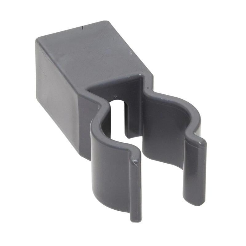 TASKI-pidike Diversey Deutschland GmbH & Co. OHG:n säkkitelineelle on harmaa muoviklipsi, jossa on suorakulmainen pohja ja U-muotoinen aukko, joka on suunniteltu kiinnitettäväksi alumiiniprofiiliin jätehuollossa ja siinä on pehmeät kaaret sylinterimäisten esineiden pitämiseen.