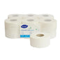 Pakkaus, jossa on 12 valkoista, 2-kerroksista Ultrasoft Mini Jumbo -wc-paperirullaa (145m/rulla), ympäristösertifioitu, Diversey Deutschland GmbH & Co. OHG:ltä. Pakkaus näyttää tuotetiedot; yksi rulla on etualalla.