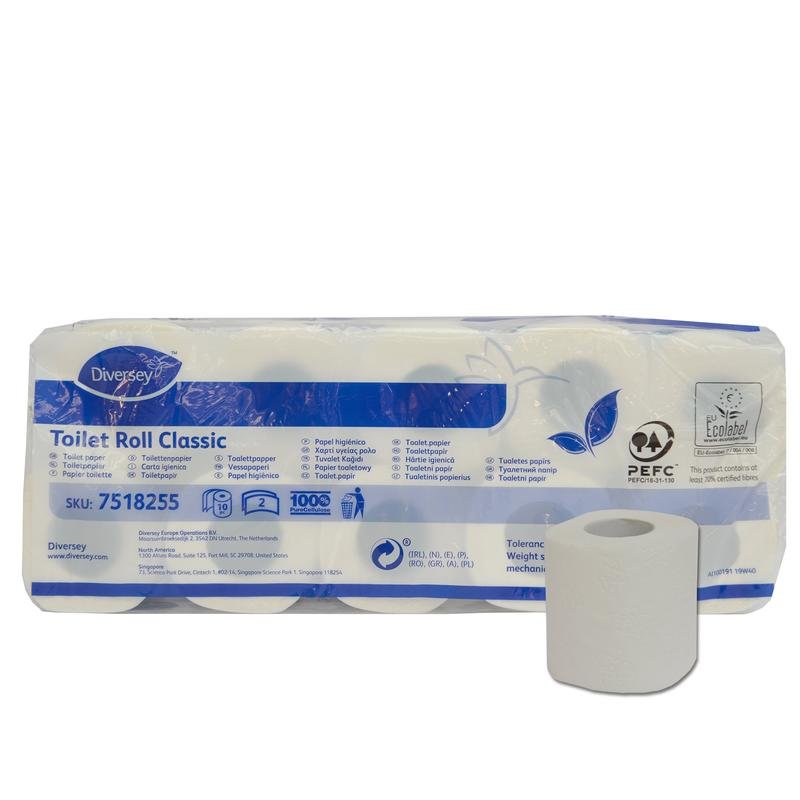 10 kpl "Toilettenpapier Classic" Diversey Deutschlandilta, valkoinen 2-kerroksinen selluloosa, 16,8 m per rulla, 160 arkkia/rulla (Ø98mm), ympäristösertifioitu; Pakkaus, jossa on tuotetiedot, ympäristömerkki ja sinivalkoinen muotoilu.