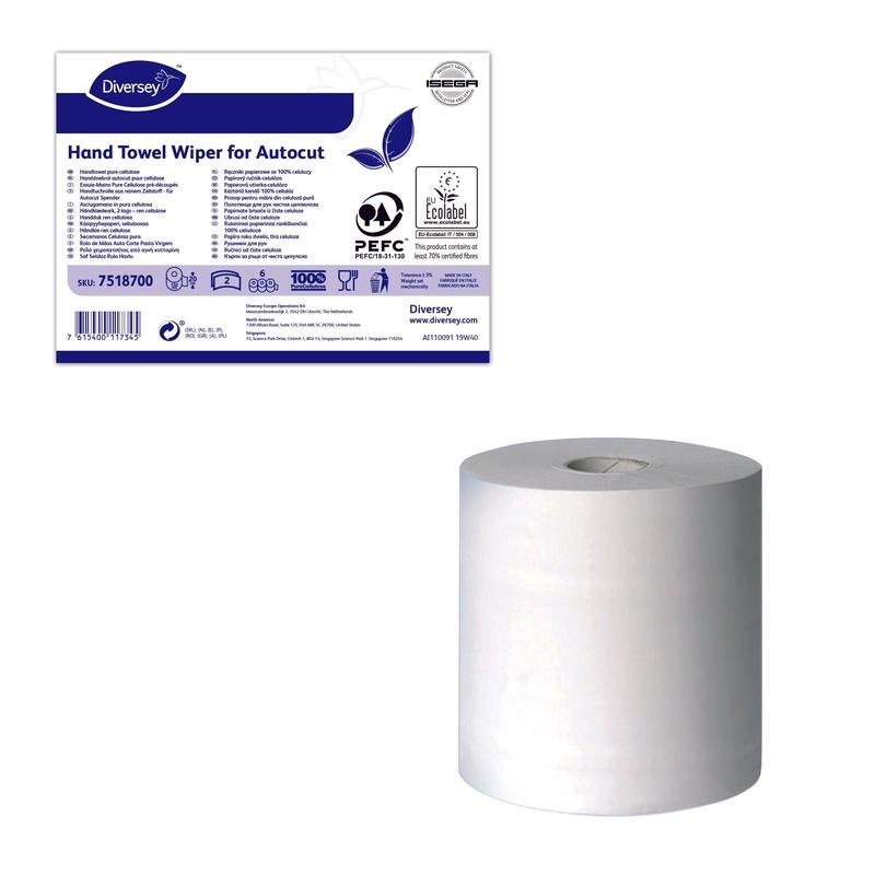 Unter dem Produktetikett ist eine weiße 2-lagige Handtuch-/Wischtuchrolle aus Zellulose für Autocut-Spender von Diversey Deutschland GmbH & Co. OHG zu sehen; sie ist umweltzertifiziert und misst 150m pro Rolle (Ø 180mm).