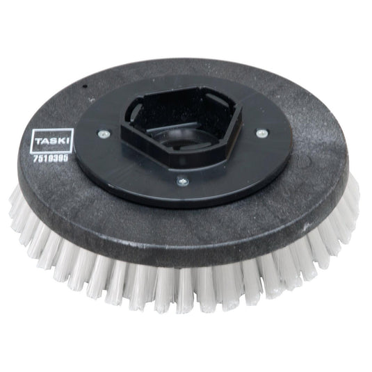 Diversey Deutschland GmbH & Co. OHG:n pyöreä musta muovinen nylonharja (28 cm), jossa on jäykät valkoiset harjakset; sopii swingo 955/1255/2100/5000 -malleihin perusteelliseen puhdistukseen – vakiomallinen hankausharja, 1 kpl pakkauksessa.