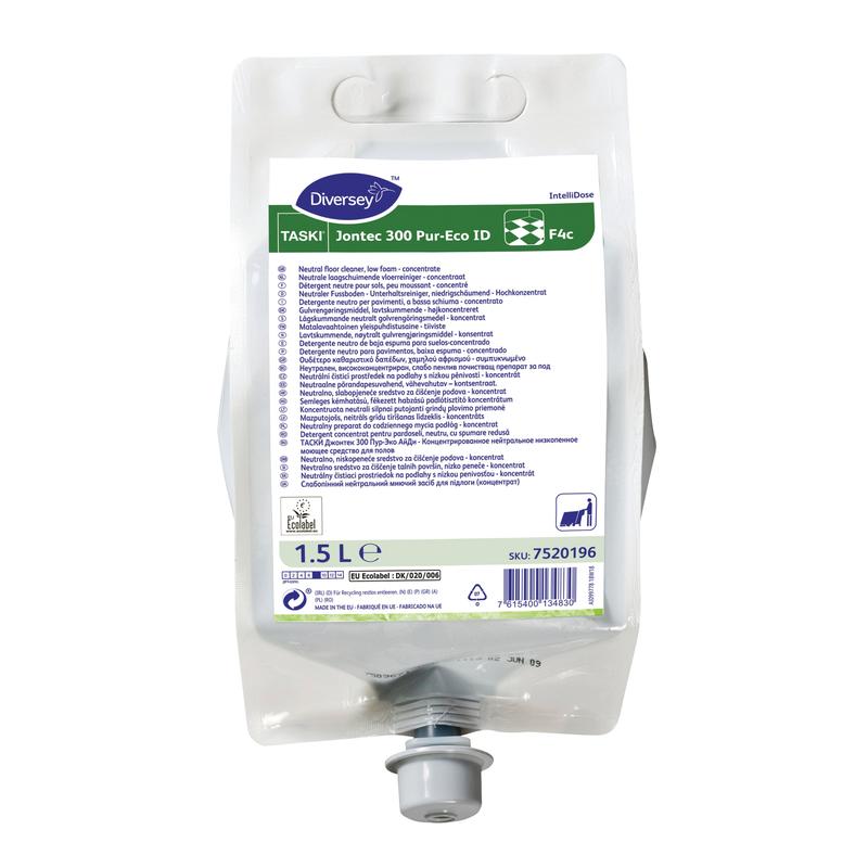 1,5 litran muovipussi TASKI Jontec 300 Pur-Eco lattianpuhdistuskonsentraattia Diversey Deutschland GmbH & Co. OHG:lta, jossa on harmaa annostelukorkki ja tuotetiedot etiketissä.