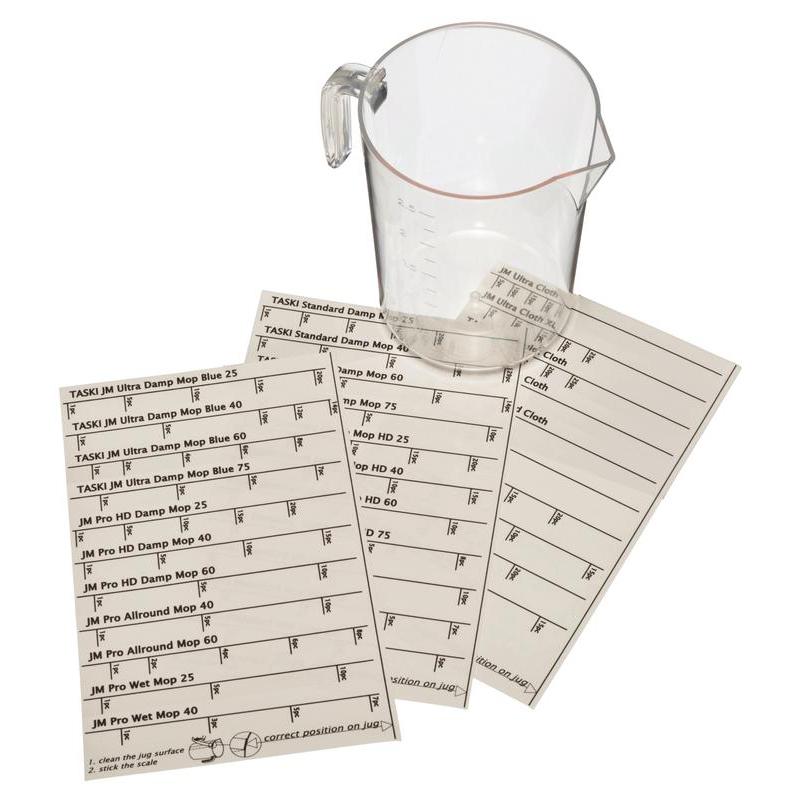 Kolmesta kaaresta tarra-arkista mittakuppia varten, mittakupin varaosatarra-arkki | Pakkaus (1 kappale) Diversey Deutschland GmbH & Co. OHG:lta; tarroissa on mopityyppejä ruutujen ja ohjeiden kanssa. Tausta on valkoinen.