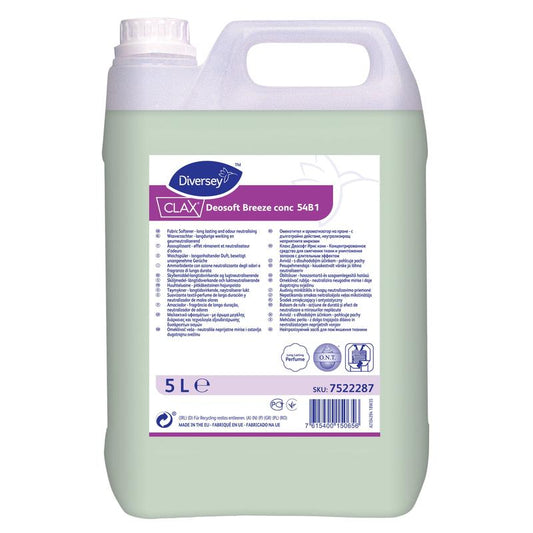 Ein 5-Liter-Kunststoffbehälter der Diversey Deutschland GmbH & Co. OHG Clax Deosoft Breeze conc 54B1 Konzentrierter Weichspüler ist mit einem lila-weißen Etikett mit Produktinformationen und Anwendungshinweisen für den gewerblichen Einsatz versehen.