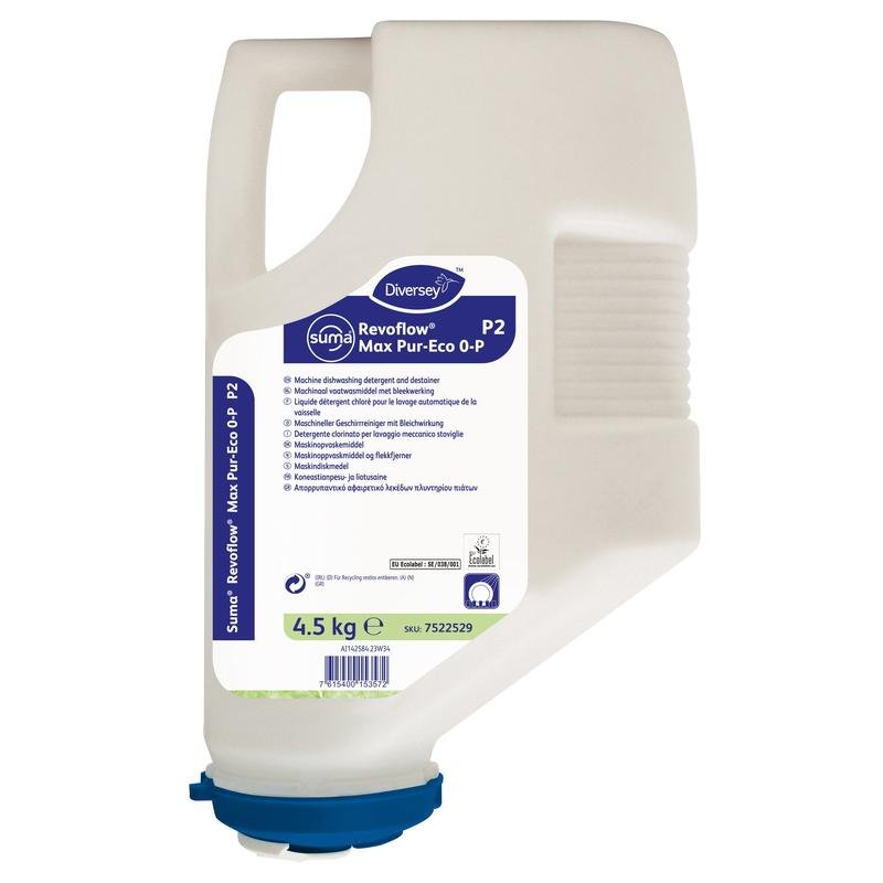 4,5 kg:n valkoinen muovipatruuna Diversey Suma Revoflow Max Pur Eco 0P P2, ympäristöystävällinen, klooriton, fosfaatiton tehokas astianpesuaine, jossa on sininen kansi ja yksityiskohtainen etiketti.