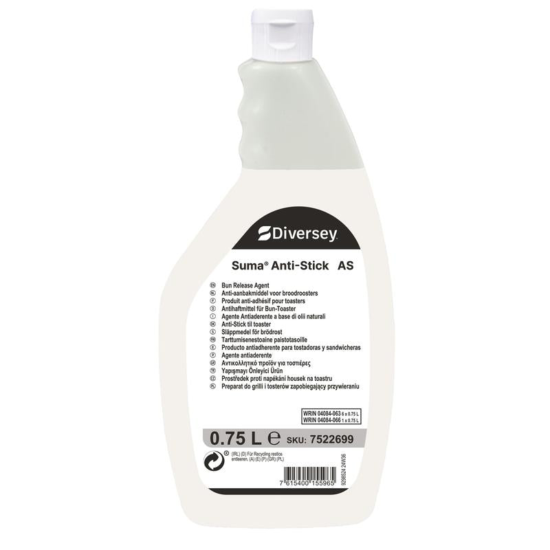 750 ml:n pullo Suma Anti-Stick AS -tarttumisenestoainetta Diversey Deutschland GmbH & Co. OHG:lta, valkoisella etiketillä, ergonomisella kahvalla ja monikielisellä ohjeella - täydellinen ammattilaistasoiseen keittiöpaahdinten puhdistukseen.