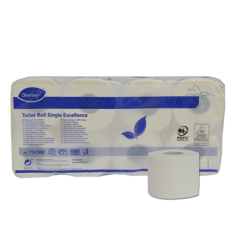 Pakkaus, joka sisältää 8 Diversey Toilettenpapier Single Excellence -rullaa (3-kerroksinen, puhdas selluloosa, kirkkaan valkoinen, 250 arkkia/rulla) Diversey Deutschland GmbH & Co. OHG:lta, jossa on yksi rulla etupuolella; pakkauksessa on tuotetietoja ja ympäristösertifioinnin logo.