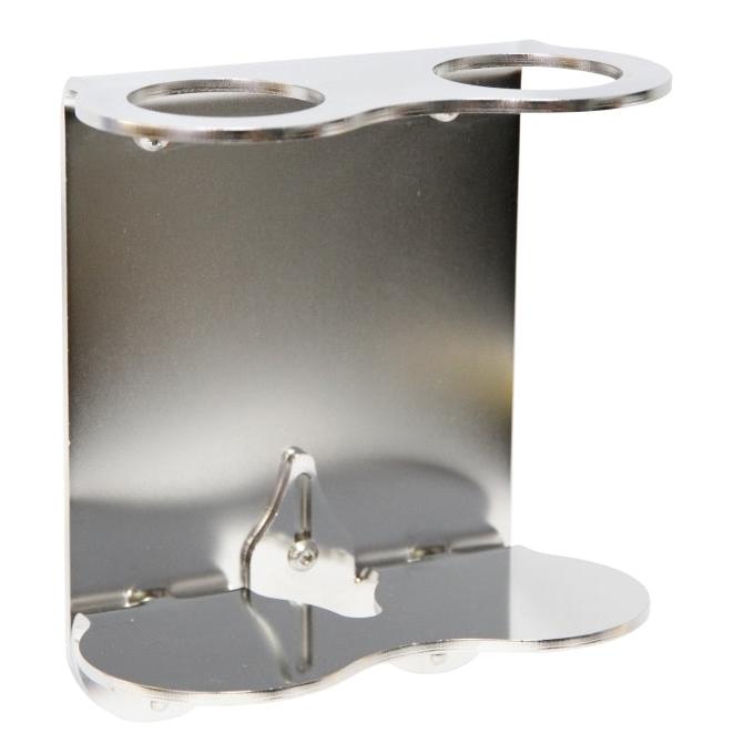 Diversey Deutschland GmbH & Co. OHG:n LAPE-seinäteline on ruostumattomasta teräksestä valmistettu seinäteline, jossa on kaksi pyöreää yläaukkoa ja kaareva alempi taso, ihanteellinen sylinterimäisten esineiden tai säiliöiden turvalliseen kiinnittämiseen.