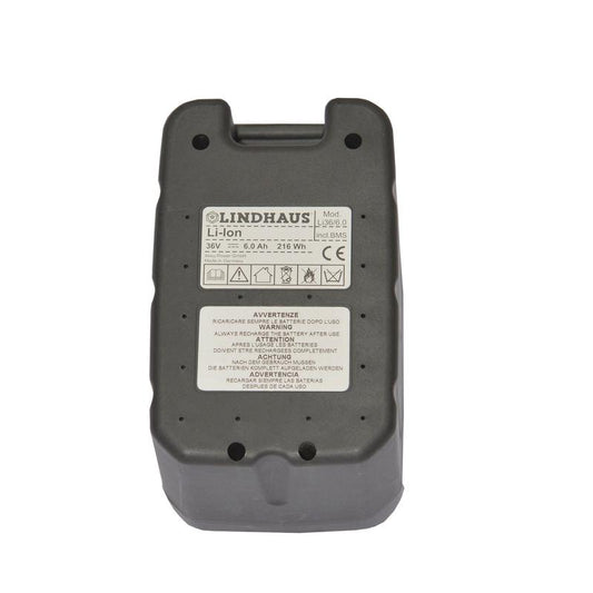 Eine rechteckige graue TASKI Lithium Batterie 36V 6Ah von Diversey Deutschland GmbH & Co. OHG, passend für TASKI Aero BP Lithium und TASKI swingo 150 B, mit technischen Daten und Zertifizierungssymbolen auf weißem Hintergrund.