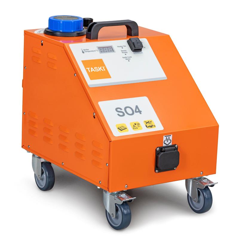 TASKI Steam SO4 -höyrypuhdistimessa Diversey Deutschland GmbH & Co. OHG:ltä on 4,5 baarin höyrypaine, oranssi kotelo kahvalla, pyörät, ohjauspaneeli, sininen korkki, turvatarrat, etupistorasia - ihanteellinen ympäristöystävälliseen puhdistukseen.