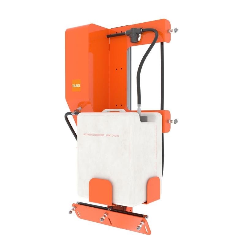 TASKI IntelliSpray Kit swingo 2100?icro Diversey Deutschland GmbH & Co. OHG:lta on oranssi-valkoinen seinälaite, jossa on suorakulmainen säiliö, mustat letkut ja metallikiinnikkeet - ihanteellinen ammattimainen puhdistusjärjestelmä tarkkaan nestemäiseen annosteluun.