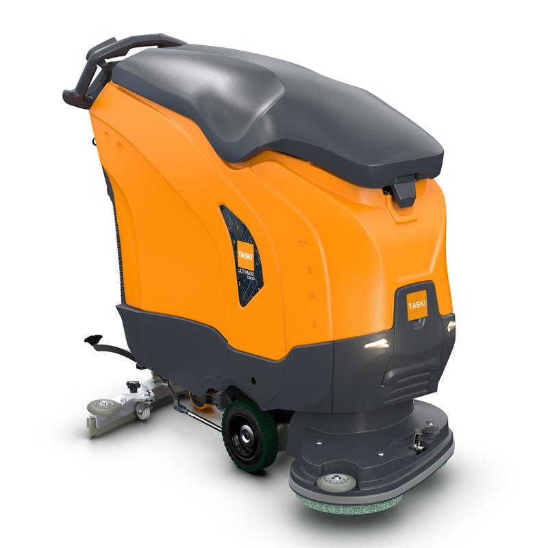 Oranssi-harmaa TASKI ULTIMAXX 2900 DD55 Performance BMS 25A EBU Diversey Deutschlandilta on varustettu kahvalla, ohjauspaneelilla, pyörävetojärjestelmällä, 63 litran säiliöllä, 55 cm kaksoislevyllä ja näkyvällä "TASKI"-logolla edessä ja sivulla.