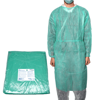 MaiMed-Coat Protect, suojapuku fleecestä, vihreä ei-steriili, joustavat hihansuut, pituus 120cm, 10 kpl | Pakkaus (10 kpl)