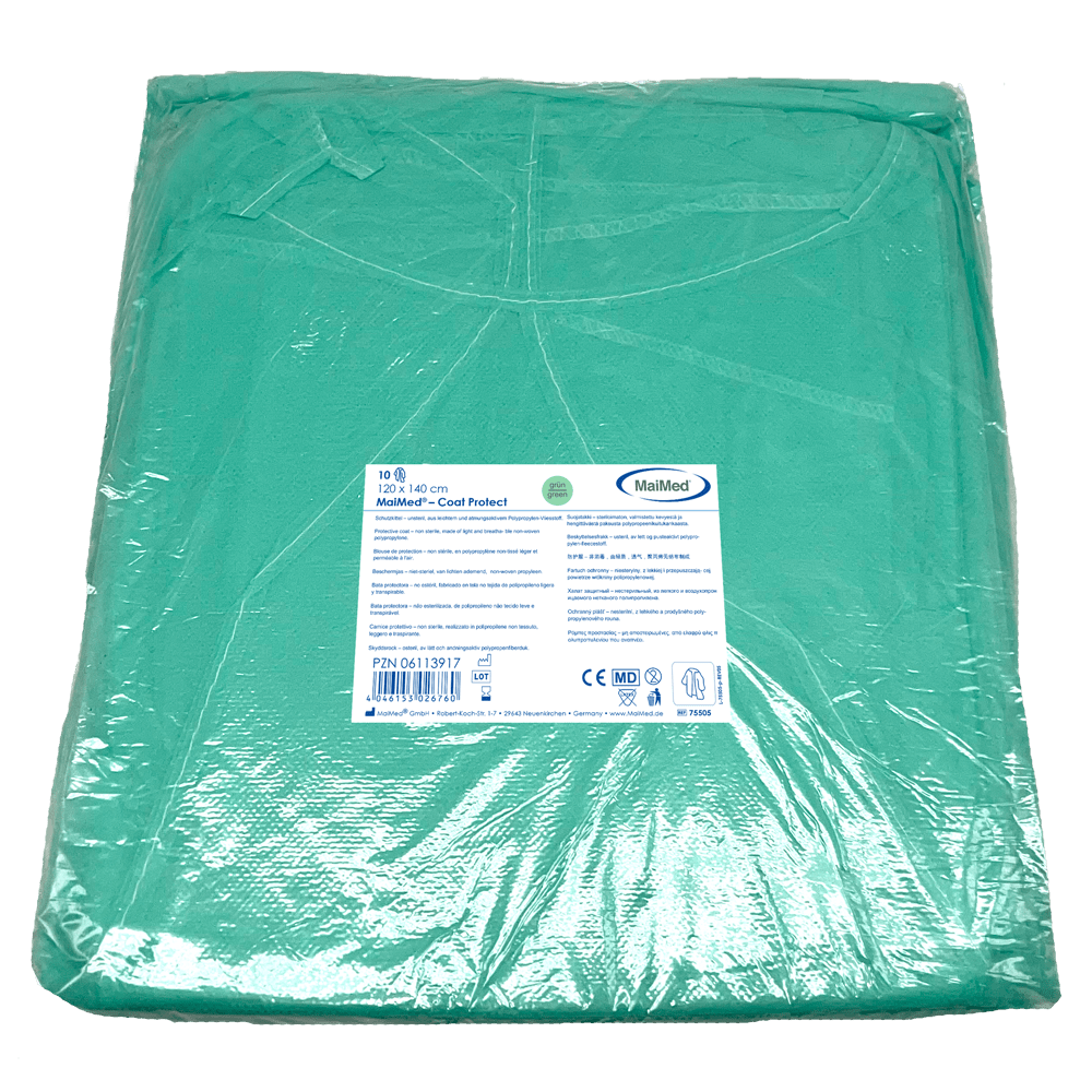 MaiMed-Coat Protect, suojapuku fleecestä, vihreä ei-steriili, joustavat hihansuut, pituus 120cm, 10 kpl | Pakkaus (10 kpl)